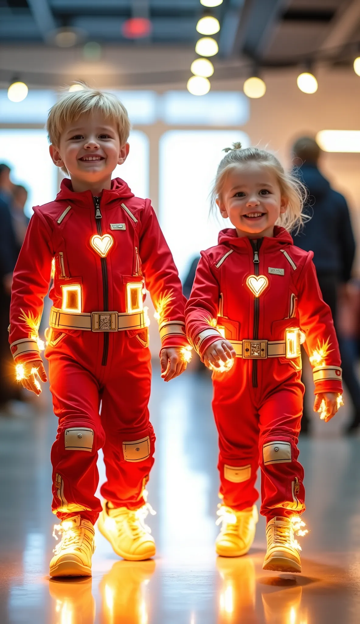 character: 1 baby boy blonde hair Wearing futuristic red white fireman body suit , and 1 baby girl blonde hair Wearing futuristic red white fireman body suit. Their facial skin is clean and white. Their entire bodies were emitting fire.
action: standing...