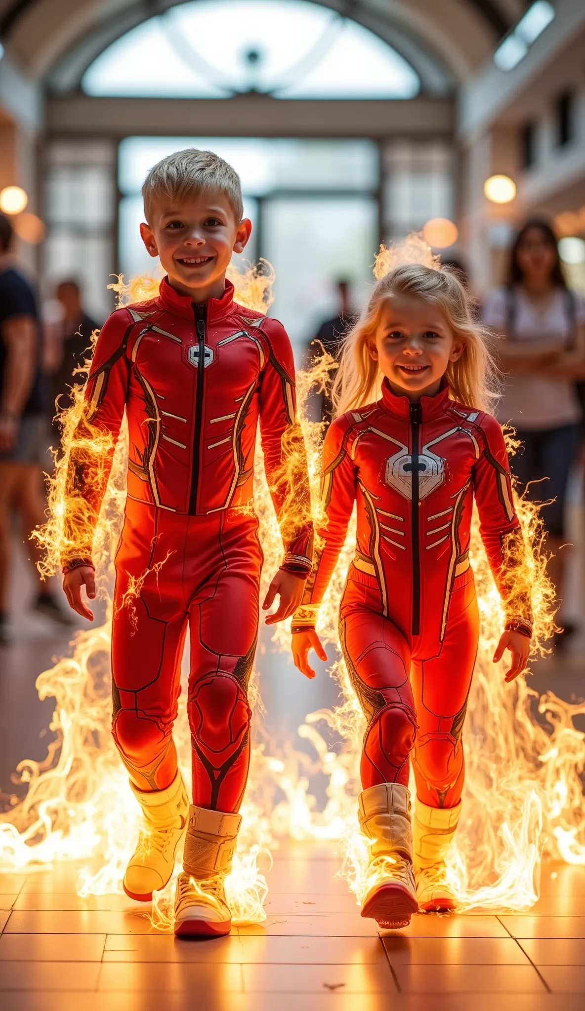character: 1 baby boy blonde hair Wearing futuristic red white fireman body suit , and 1 baby girl blonde hair Wearing futuristic red white fireman body suit. Their facial skin is clean and white. Their entire bodies were emitting fire.
action: standing...