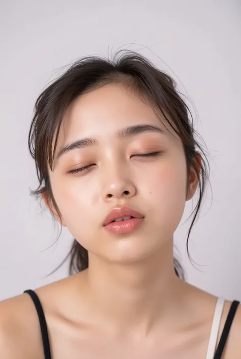 ultra-detailed close-up of a beautiful girl, collarbone-up composition, white studio background, soft natural lighting, slightly elevated front camera angle (around 35-60 degrees), full face and head visible in frame, chin gently lifted as if reaching up, ...