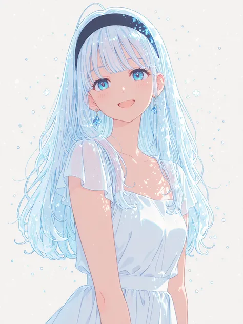 anime girl, grown up, white long fluffy hair, summer dress, blue eyes, happy, transparent hair, jewelry, wispy bangs, silver light sources, head band