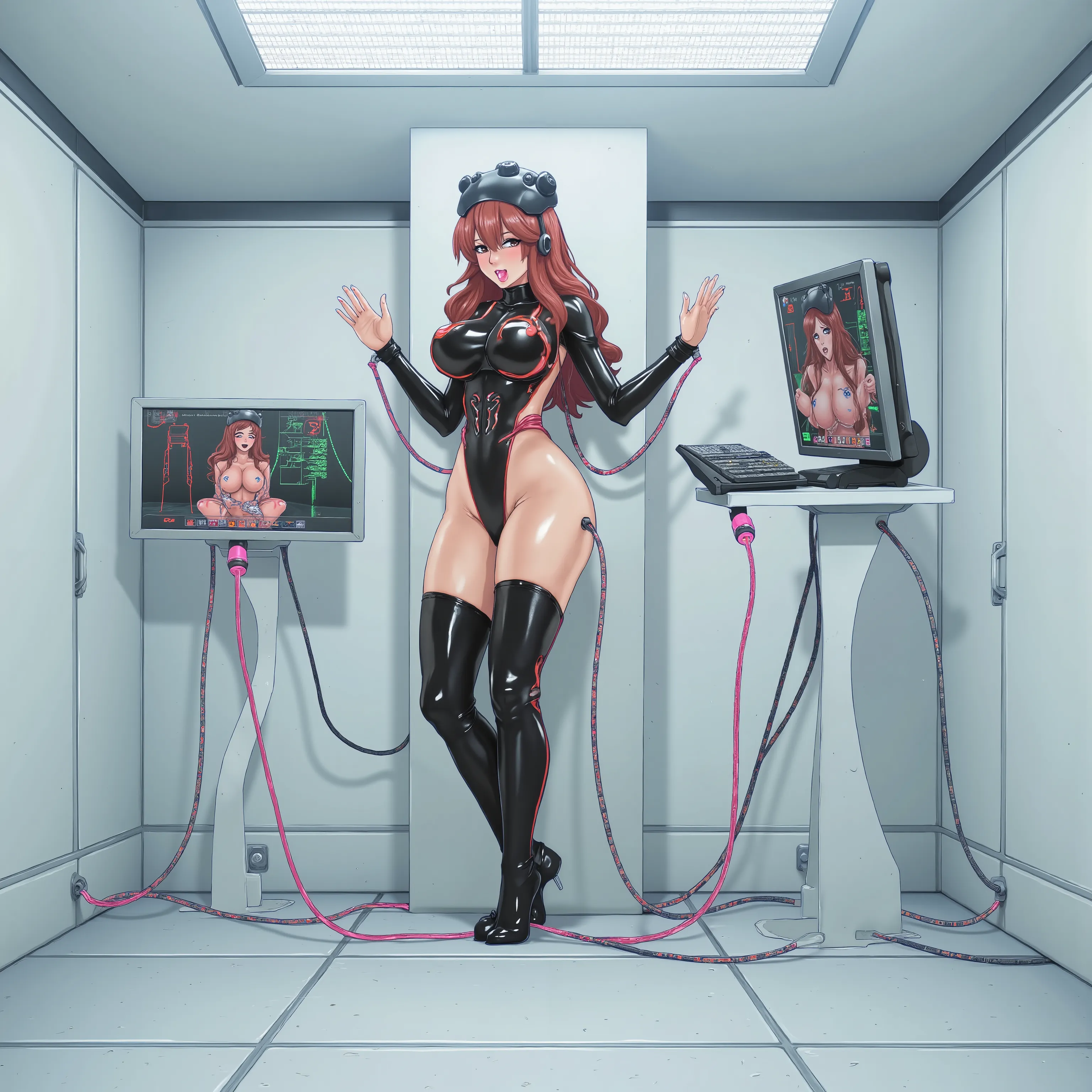 Cyborg sexy woman , fembot, robot, Sexaroid, laboratory, connected with cables to a computer, cables, reprogramming, control mental, robotization ,monitors showing images of her and the state of the cyborg, posing, stop, Alone, 1girl, voluptuous body, sexy...
