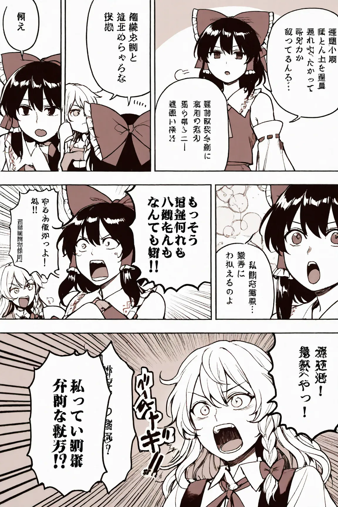 
3 girls, Cirno, Hakurei Reimu, Kirisame Marisa, Touhou Project, wide open mouth, surprised, jaw dropped, funny face, flashy manga-style background, ((Comments in manga speech bubbles, text in Japanese only))