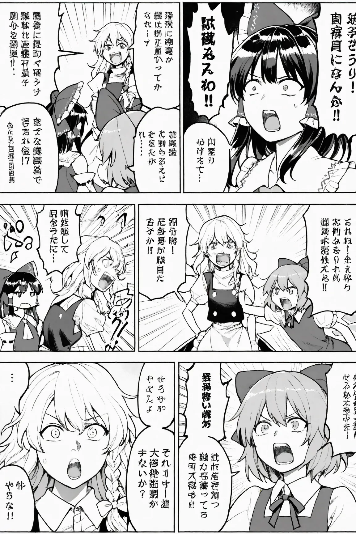 
3 girls, Cirno, Hakurei Reimu, Kirisame Marisa, Touhou Project, wide open mouth, surprised, jaw dropped, funny face, flashy manga-style background, ((Comments in manga speech bubbles, text in Japanese only))