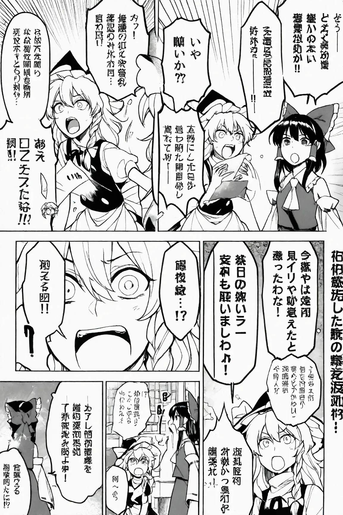 
3 girls, Cirno, Hakurei Reimu, Kirisame Marisa, Touhou Project, wide open mouth, surprised, jaw dropped, funny face, flashy manga-style background, ((Comments in manga speech bubbles, text in Japanese only))