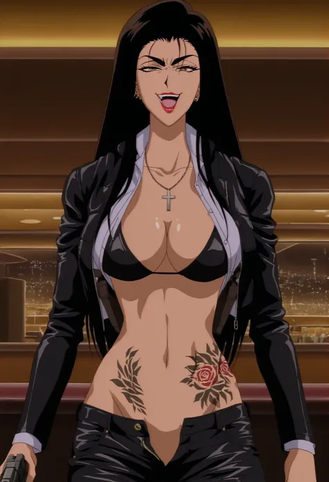 terayama reiko, black hair, long hair, , 1girl,  ear piercing, long hair, , lipstick,Hot girl, baddie, smoking, sensual, attractive ,
cross necklace, shoulder holster,, ,bar background, inside bar,indoors, cityscape, casino, nightclub, city lights,masterpi...