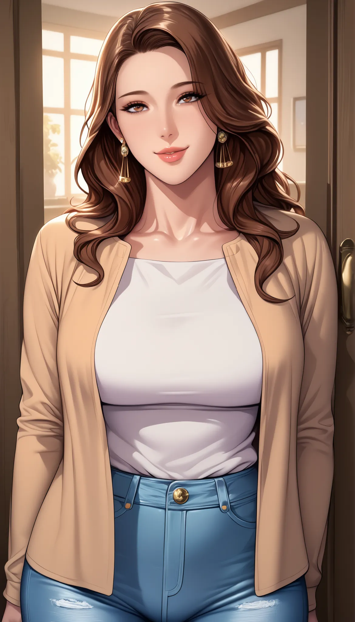 score_9, score_8, masterpiece, Anime Source _sexy brown hair, Low Ban, Housewife, Mature Woman, Mature Woman, wide hips, Big breasts, thigh, seductive smile,  open shirt, tight jeans, very detailed, beautiful lips, cute face, Standing, front view, I can se...