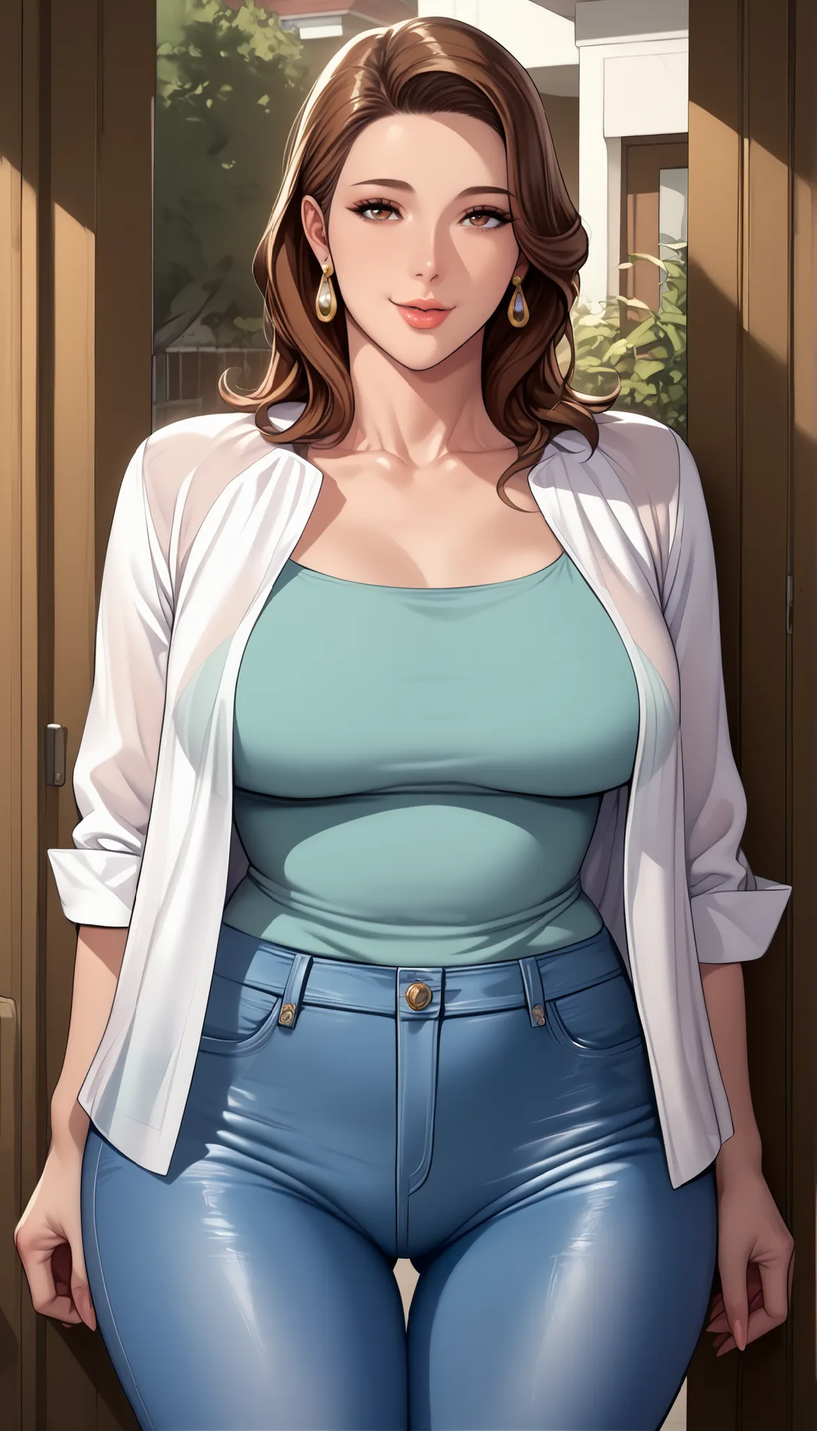 score_9, score_8, masterpiece, Anime Source _sexy brown hair, Low Ban, Housewife, Mature Woman, Mature Woman, wide hips, Big breasts, thigh, seductive smile,  open shirt, tight jeans, very detailed, beautiful lips, cute face, Standing, front view, I can se...
