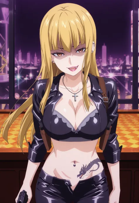 1girl,solo,mm,mature female,long hair,blonde hair,bangs,brown eyes,mole under eye,lipstick,,anime coloring, ear piercing, long hair, , lipstick, Hot girl, baddie, , sensual, attractive, cross necklace, shoulder holster,, ,bar background, inside bar,indoors...