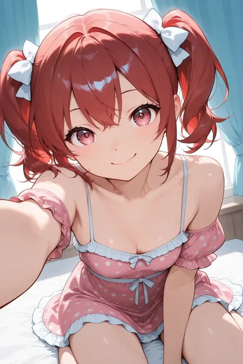 stylish、Red hair、SHORT BOB、side twin tails、Cheerful Girl