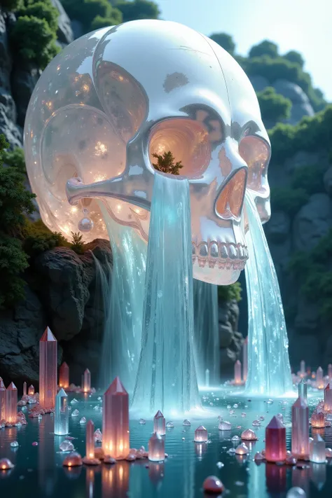 An enormous translucent quartz crystal skull that is 300 feet tall made of one gigantic crystal, shaped and polished into a realistic looking human skull shape, buffed to a high gleam glossy shine, right on a cliff side surrounded by tropical rainforest. T...