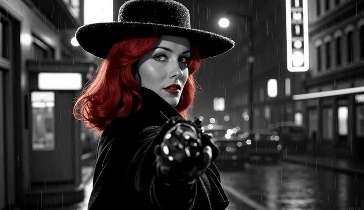 "A BLACK AND WHITE 1940S FILM NOIR STYLE scene, Ultra-realistic scene of an urban street at night, anos 40, estilo noir, A RAINY NIGHT ON A SMOKY STREET, STUNNING WOMAN WITH RED HAIR HIDDEN BY A LONG-BRIMMED CHAPEL FEDORA, estilo noir, ((1:2 holding a pist...