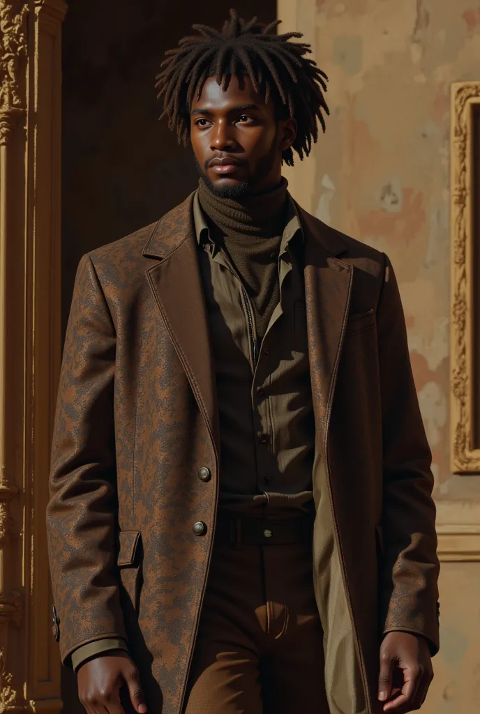 ((detailed digital art)),Estilizado,(Very high resolution ),obra-prima,melhor qualidade,(Extremely detailed 8K CG portrait),(best digital painting),(artistic shading),stylized realistic lighting,expressive and beautiful brightness ((20 anos)) homem jovem, Dark-skinned young man(africano), bonito, magro(esbelto), olhos castanhos, brilhante, olhar misterioso, pele lisa, modelo, passarela, desfile de moda, plateia, stylish luxury clothes in harmonic neutral tones(three-piece)  pants,inner blouse and overcoat, Random pose for photographers, Partial view of the environment