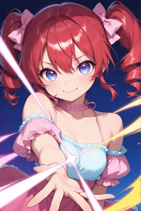 emphasizes vibrant, saturated colors to create a lively and visually striking image,stylish、Red hair、SHORT BOB、side twin tails、Cheerful Girl