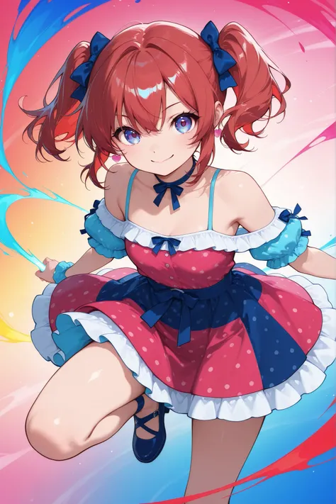emphasizes vibrant, saturated colors to create a lively and visually striking image,stylish、Red hair、SHORT BOB、side twin tails、Cheerful Girl