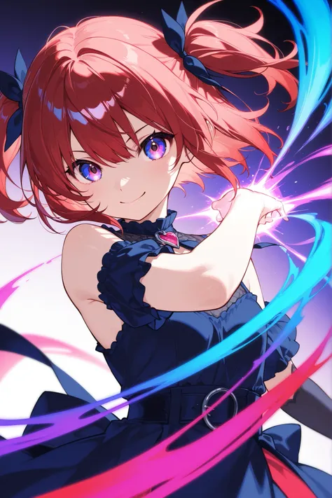 emphasizes vibrant, saturated colors to create a lively and visually striking image,stylish、Red hair、SHORT BOB、side twin tails、Cheerful Girl