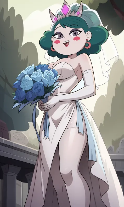 , (eclipsa butterfly) 1 girl, (from below), from side, ((focus on face)), side opening, ass visible through thighs, breasts, white colored jewelry, solo, white moon earrings, wedding dress, blue glowing bouquet of roses, makeup, cleavage, big breasts, smil...