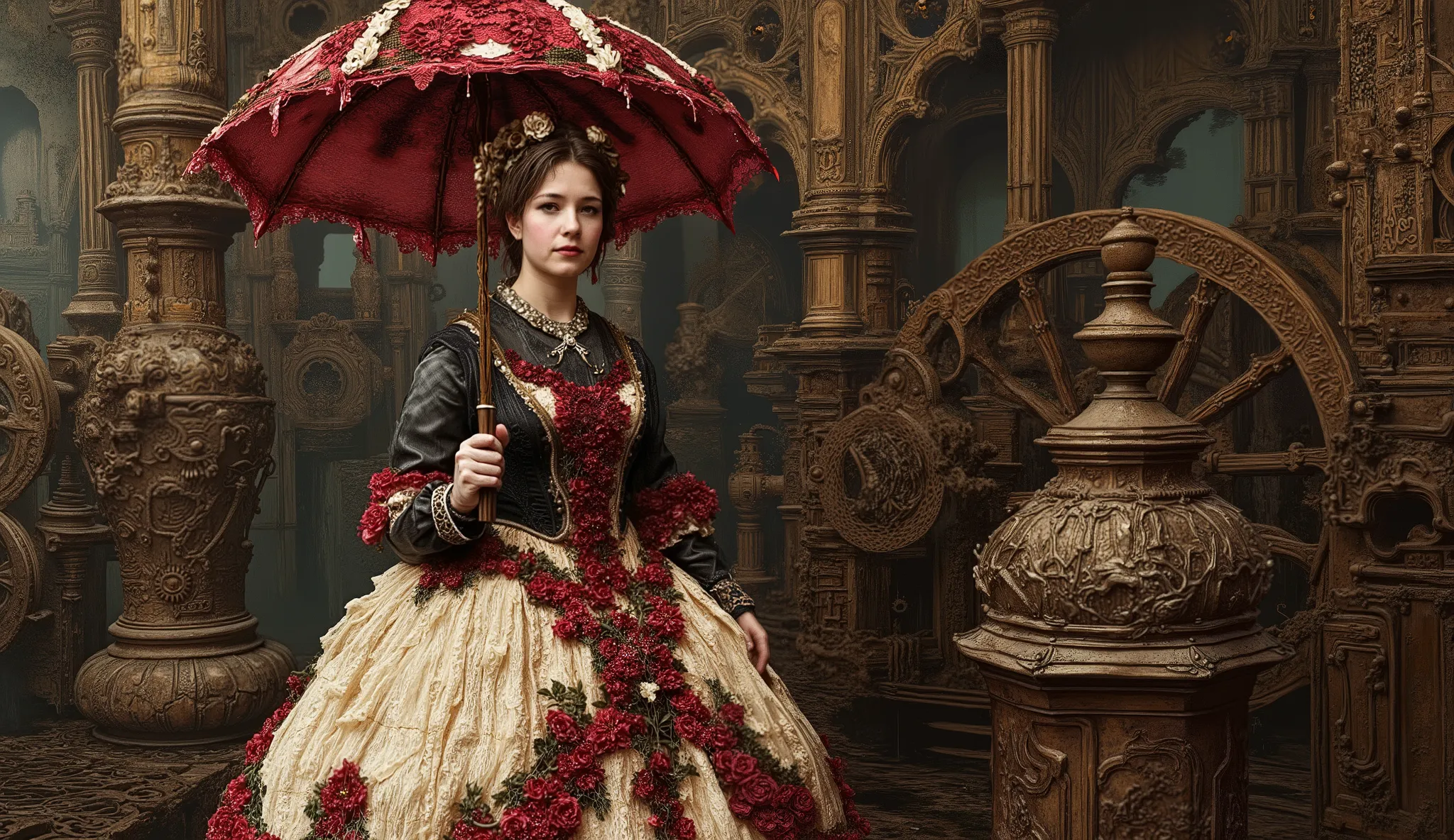 whimsical art style, surreal fantasy, illustration, an elegant full-bodied woman with an intricate hairstyle decorated with ornamental and fake roses. } She's wearing a Victorian vintage-style dress with a tight black blouse and a voluminous cream-colored ...
