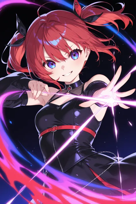 emphasizes vibrant, saturated colors to create a lively and visually striking image,stylish、Red hair、SHORT BOB、side twin tails、Cheerful Girl
