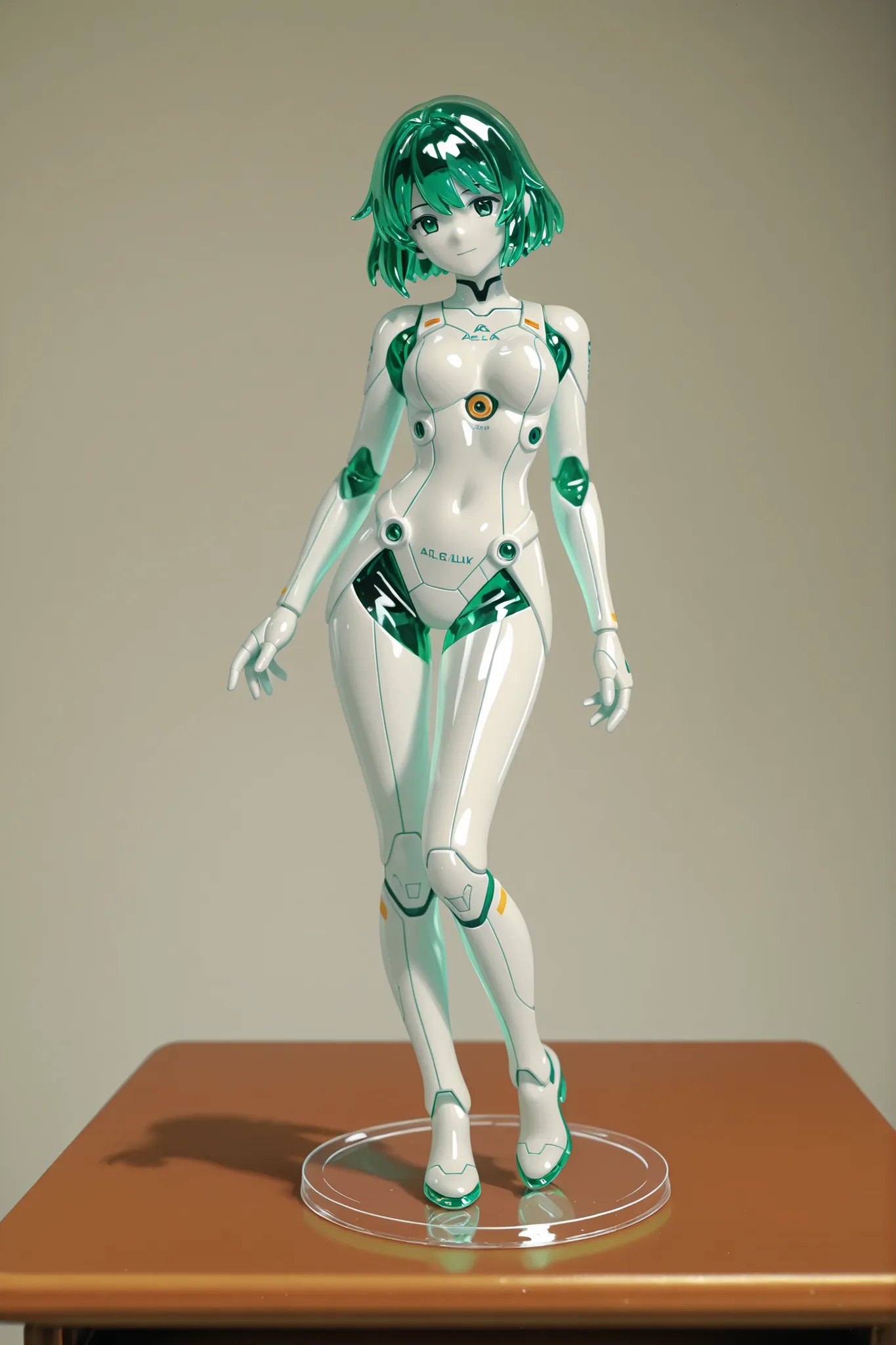 a woman with green hair as a plastic figure, with a clear acrylic base, standing on a desk, in full view in a highly detailed anime style