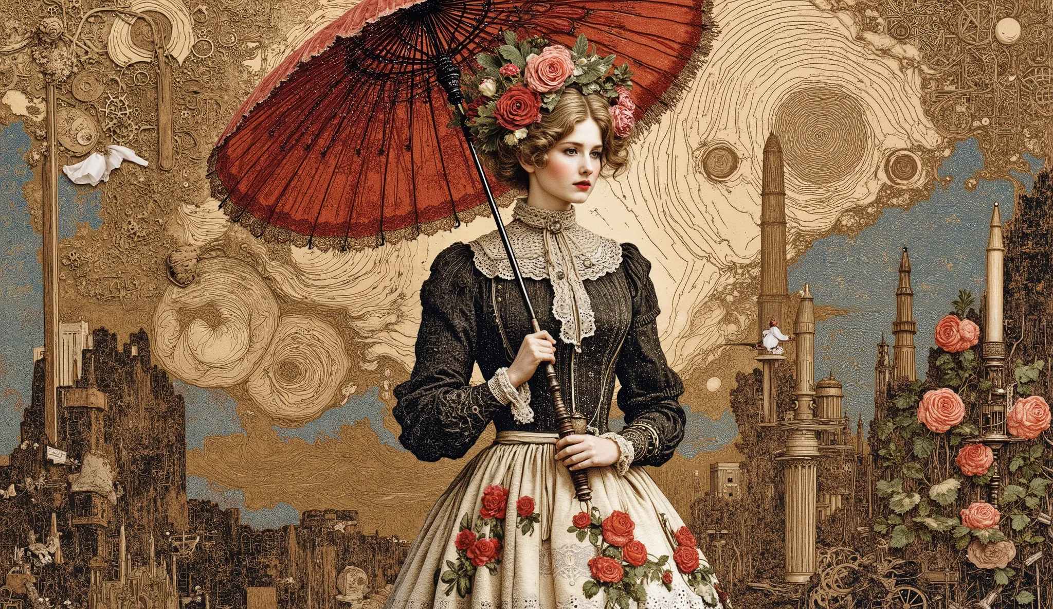 whimsical art style, surreal fantasy, illustration, an elegant full-bodied woman with an intricate hairstyle decorated with ornamental and fake roses. } She's wearing a Victorian vintage-style dress with a tight black blouse and a voluminous cream-colored ...
