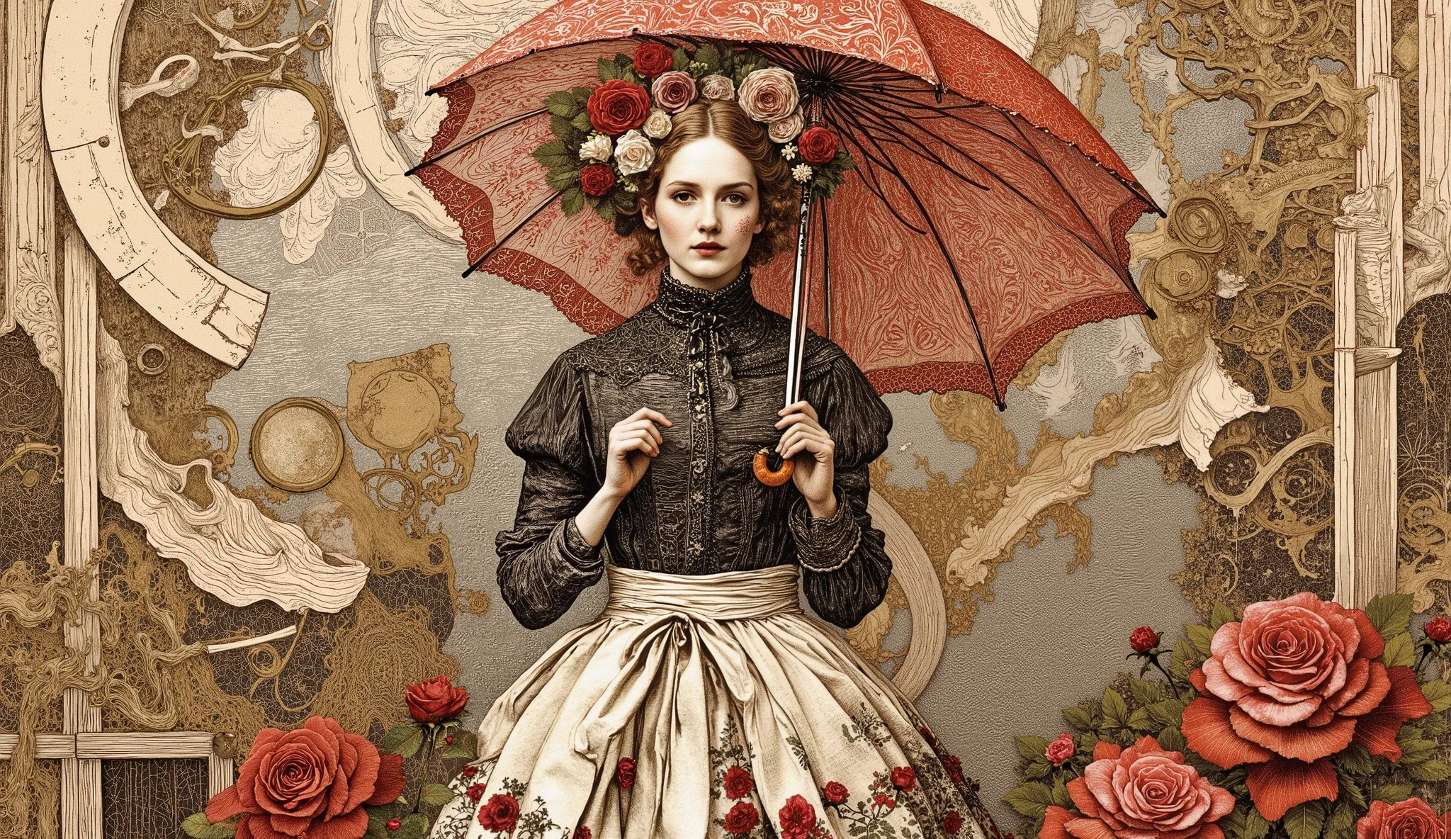 whimsical art style, surreal fantasy, illustration, an elegant full-bodied woman with an intricate hairstyle decorated with ornamental and fake roses. } She's wearing a Victorian vintage-style dress with a tight black blouse and a voluminous cream-colored ...