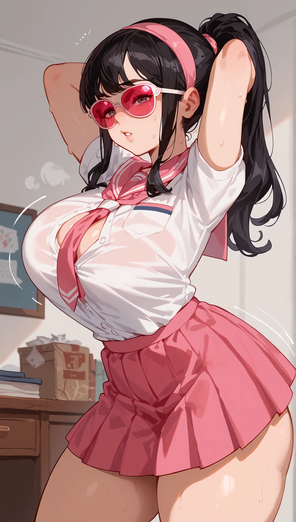 ((masterpiece,best quality)), {Gurihiru_artstyle_Lora : } {} { (1girl, katebishop, black hair, long hair
pink tinted sunglasses, hairband, ponytail
School uniform, pink skirt{ perfectly  shaped breast : perfectly fit body , big , thick thighs} { head_archi...