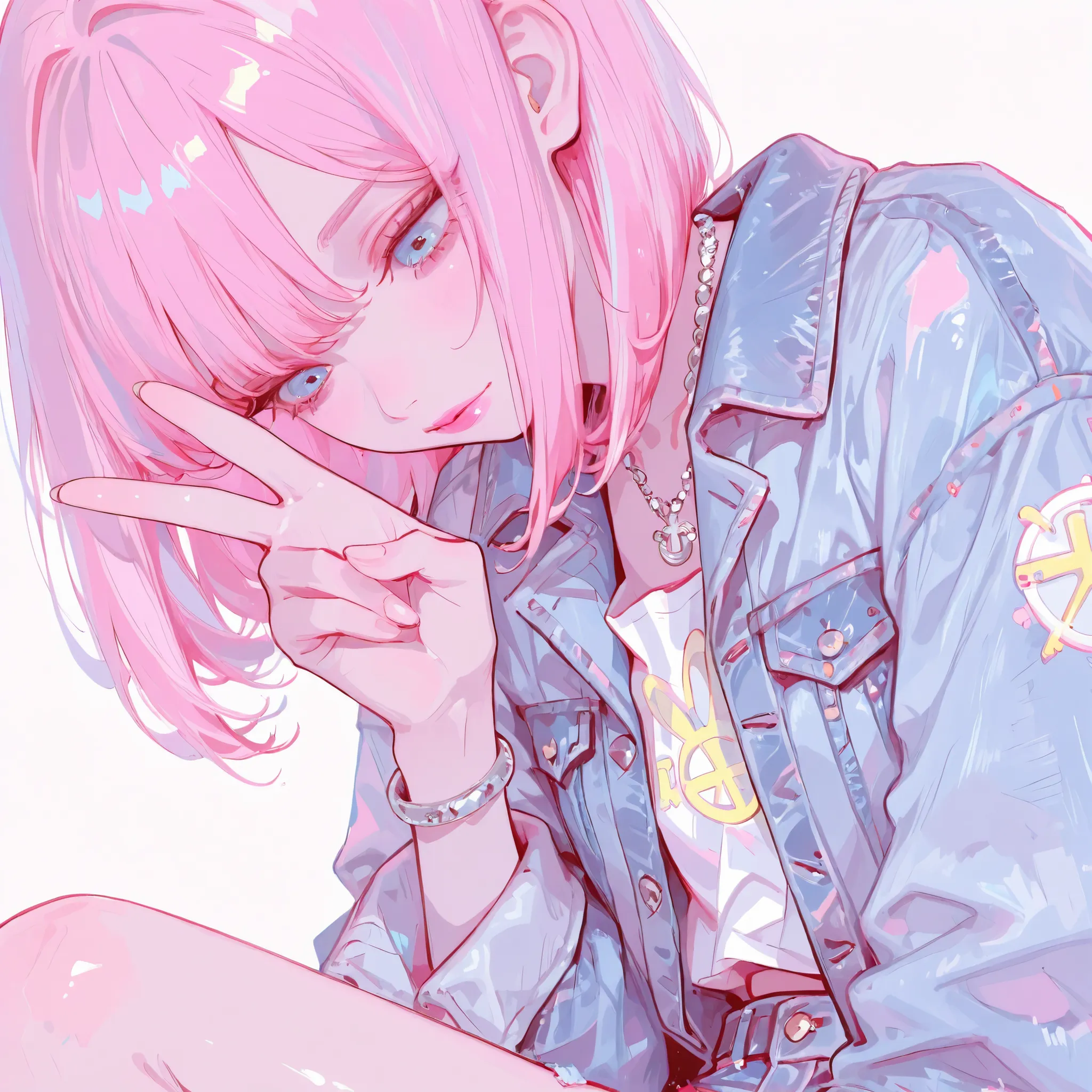 Pastel colors, one girl, denim jacket (cool clothes ), beautiful light blue eyes, pink lips, top quality,silver bracelet, silver necklace, pink hair (bobbed hair), look down, peace sign