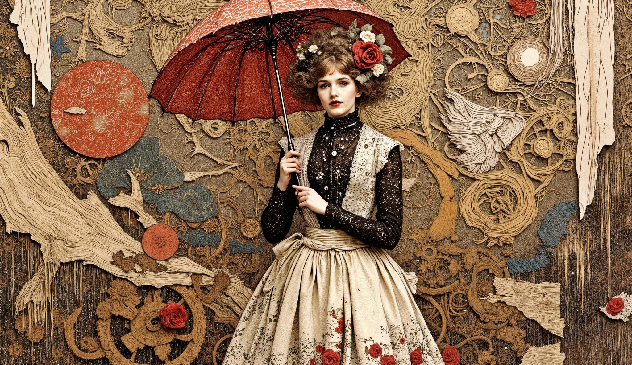 whimsical art style, surreal fantasy, illustration, an elegant full-bodied woman with an intricate hairstyle decorated with ornamental and fake roses. } She's wearing a Victorian vintage-style dress with a tight black blouse and a voluminous cream-colored ...