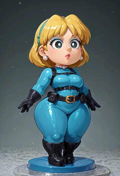 Lori Loud. medium breasts, huge hips, blonde hair, black eyes, blue eyeshadow, pearl earrings, white earrings. choker.| score_9, score_8_up, score_7_up, faux figurine, nendoroid, full body, figure, platform, solo, Anime, 1girl, chibi, solidsnake, bheadband...