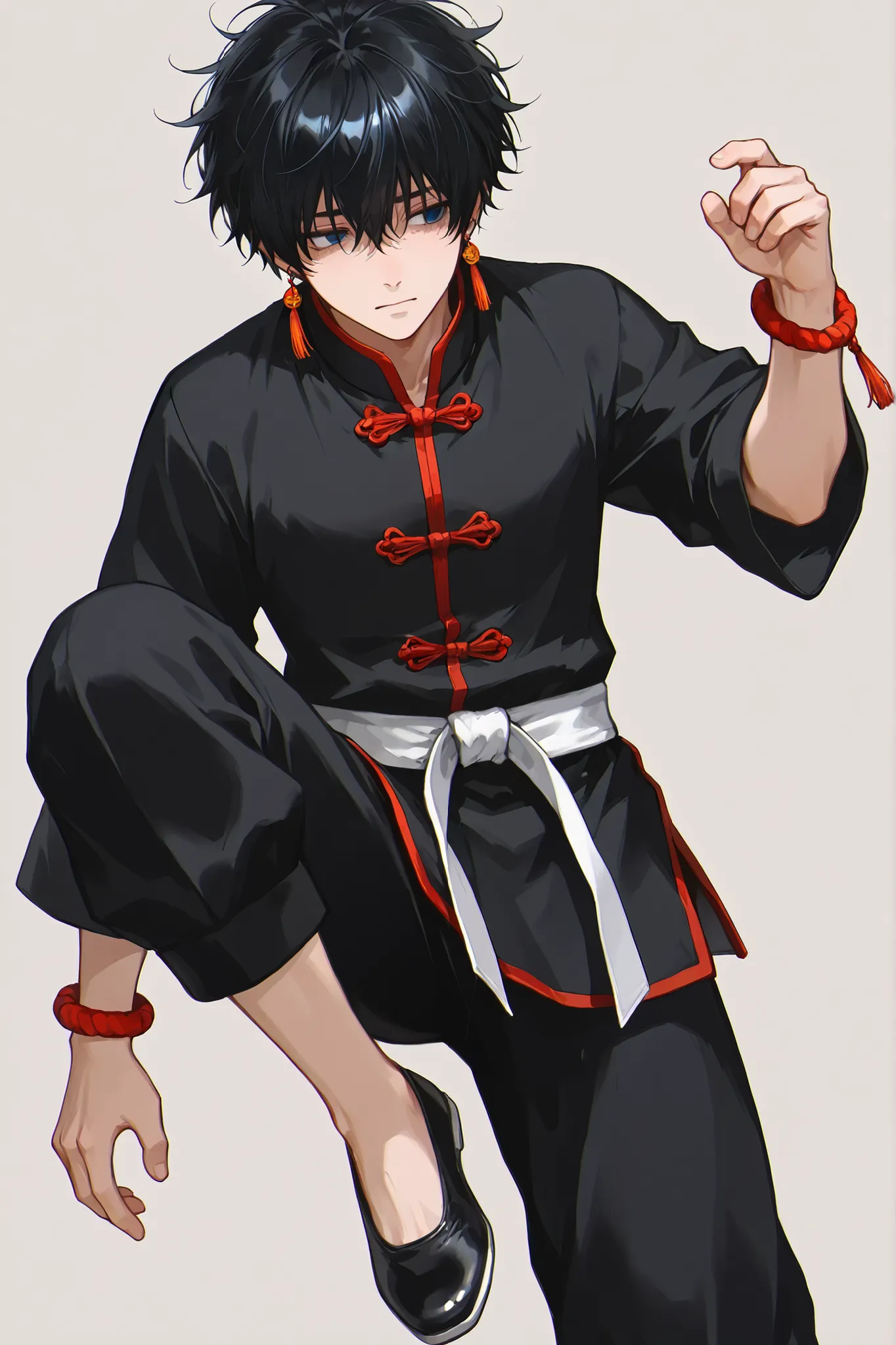 One male, short hair, messy hair, black hair, tired eyes, lazy look, blue eyes, red chinese lantern earrings, traditional martial artist uniform, black uniform, chinese lucky bracelets, red bracelets, black traditional chinese pants, white martial belt, ku...