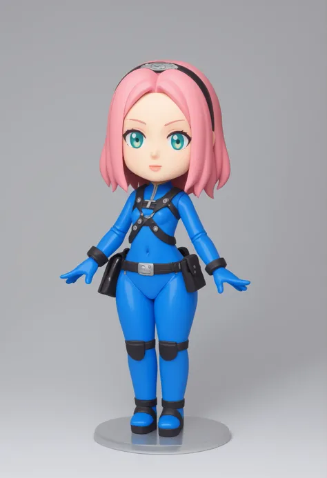 Sakura Haruno. small breasts, huge hips, pink hair, medium hair, light green eyes, thin lips, very fair skin, big forehead. | score_9, score_8_up, score_7_up, faux figurine, nendoroid, full body, figure, platform, solo, Anime, 1girl, chibi, solidsnake, bhe...