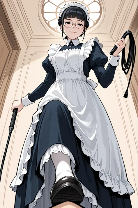 1 girl, solo,beautiful girl,adult,18 years old,black eyes,black hair,masterpiece,general,highres, ultra-detailed,very aesthetic,best quality,best hands,best eyes,perfect anatomy,anime coloring,easynegative,pale skin,BREAK,Victorian Maid,sel-frame glasses,r...