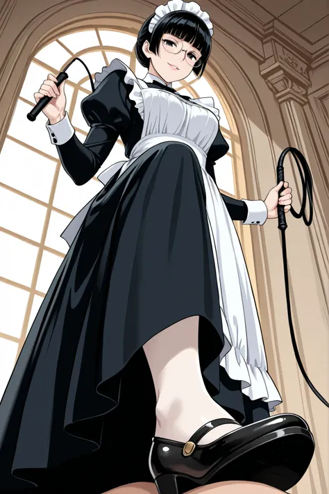 1 girl, solo,beautiful girl,adult,18 years old,black eyes,black hair,masterpiece,general,highres, ultra-detailed,very aesthetic,best quality,best hands,best eyes,perfect anatomy,anime coloring,easynegative,pale skin,BREAK,Victorian Maid,sel-frame glasses,r...