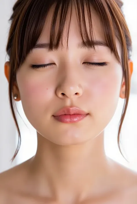 ultra-detailed close-up of a beautiful girl, collarbone-up framing, soft natural lighting, white studio background, face and head fully in frame, camera angled slightly above (approx. 60 degrees), subject facing forward, chin gently raised, subtle upward t...