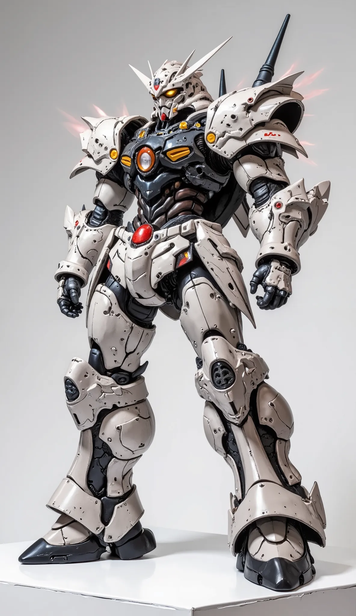 Commercial product shot of a highly articulated mecha action figure, ABS material. The figure embodies a unique design fusion: Armored Stormtrooper precision, Blood Demon's raw, demonic power, and Evangelion's sleek biomechanical aesthetic. Features ultra-...