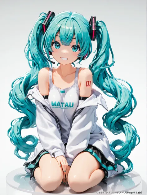 (masterpiece、top quality、top quality、official art、Beautiful Beautiful:1.2),Hatsune Miku、美しいchest、light green twin tails、1 girl, high resolution, chest, long hair, Smiling, solo, Simple background, My hair, accessories, とても long hair, masterpiece, top qu...