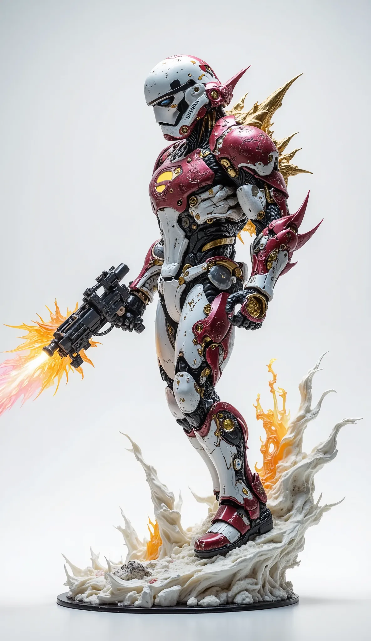 Product photography, masterpiece. Hyper-detailed PVC high-articulation action figure model: a creative fusion of Superman, Iron Man, and Stormtrooper. Features immaculate hand details and vibrant special effect components. The figure strikes a powerful, dy...