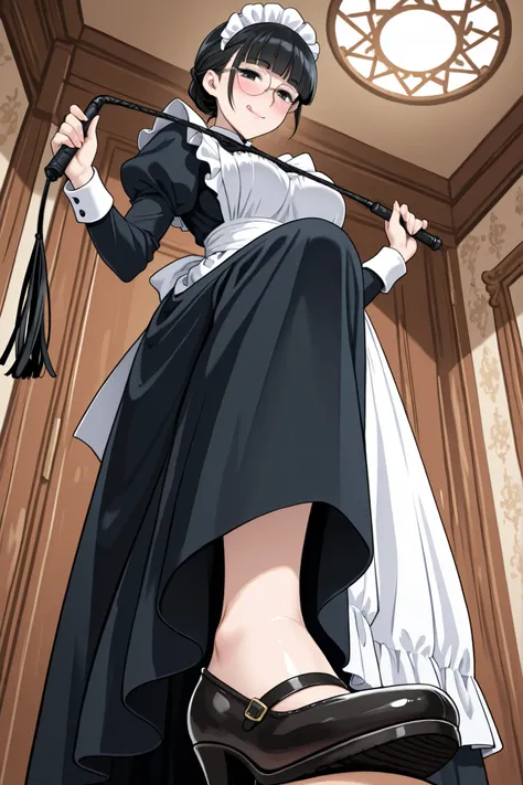 1 girl, solo,beautiful girl,adult,18 years old,black eyes,black hair,masterpiece,general,highres, ultra-detailed,very aesthetic,best quality,best hands,best eyes,perfect anatomy,anime coloring,easynegative,pale skin,BREAK,Victorian Maid,sel-frame glasses,r...