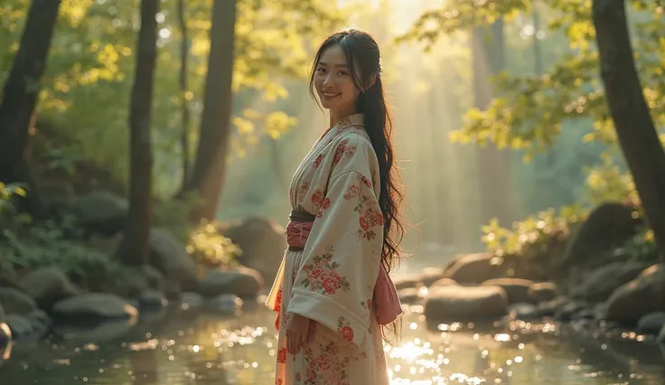 A real, slender, 18-year-old Oriental Japanese girl standing near a hot spring inside a spring forest. She is wearing a thick lambswool traditional Wafuku (kimono), smiling warmly with a humanity smile. She has delicate facial features, black eyes, soft nose, slim fingers, visible slender legs, thin waist, small chest, gentle hips. Her lush, beyond-floor-length black hair flows slightly in a soft breeze.

Her entire slim body must be fully visible: face, hair, hands, chest, waist, hips, legs, feet, shoes, with natural body curve and streamlined posture.

The background is a vibrant spring forest with soft sunlight filtering through fresh leaves, ambient warm light, slightly misty and dreamlike atmosphere.

Extremely detailed hair strands, soft lambswool texture with visible fibers, delicate face shading, natural skin texture.

Focus on the girl, background slightly blurred. The entire scene should convey warmth, purity, gentleness, and a pure soul energy.
