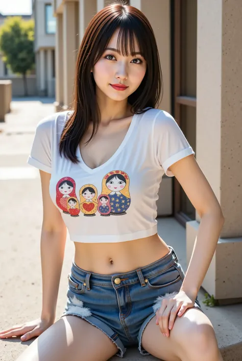 Subject: a slender realistic female with pumped firm full breasts and a wide, deep, boldly emphasized cleavage, wearing a white graphic T-shirt printed with a Matryoshka doll design stretched across her chest, paired with distressed denim cutoff shorts rid...