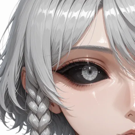 masterpiece, newest, absurdres, best quality, hires, 1girl, gray hair, black sclera, gray eyes, short hair, ahoge, messy hair, swept bangs, braided sidelocks, eye focus, close-up, white background