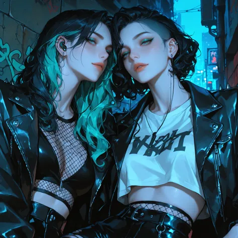 masterpiece, cinematic lighting,stunning composition, soft shadows, depth of field, professional digital art, cinematic ambiance, smooth and radiant skin, (2girls, couple), Two edgy women leaning against a graffiti-covered wall in a vibrant urban alley at ...