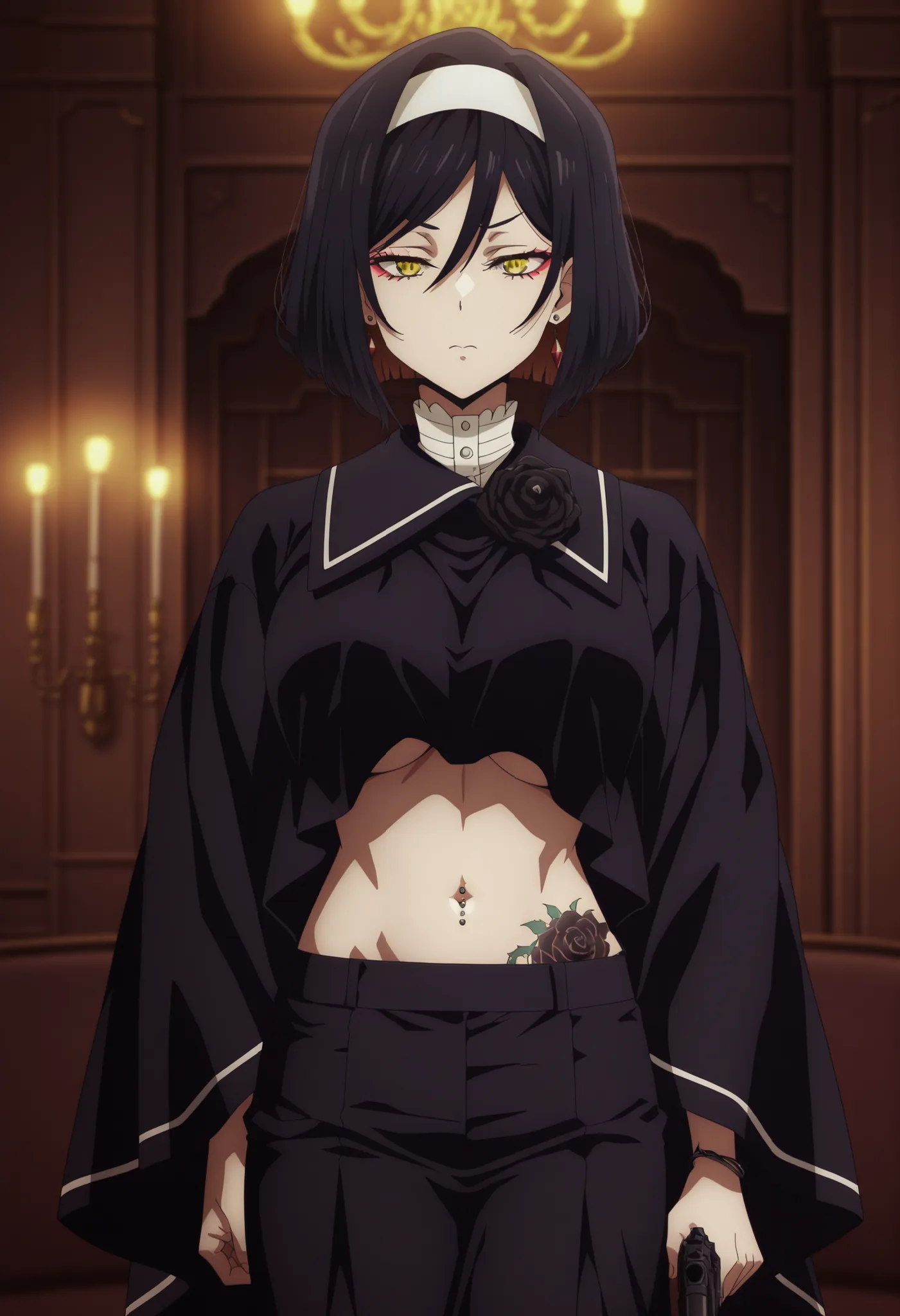 anime screencap, anime screenshot, 1girl, solo, short hair, colored inner hair, yellow eyes, hairband, eyeliner, white blouse, rose, black poncho, ,(nsfw) not safe for work, bellybutton showing, official artwork, exposed navel, exposed bellybutton, jewelry...