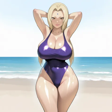 masterpiece, best quality, amazing quality, very aesthetic, absurdres, high res, shiny skin, 1woman, mature female, solo, tsunade, blonde hair, long hair, low twintails, brown eyes, forehead mark, huge breasts, narrow waist, wide hips, thick thighs, purple...