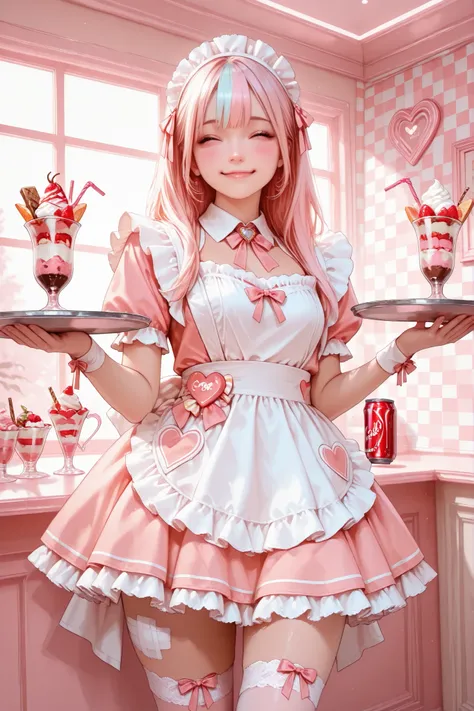 1girl, cute maid outfit, frilly dress, apron, thigh-high socks, ribbons, holding drink, soda can, heart-shaped straw, holding tray, parfait, whipped cream, pastel colors, candy-themed accessories, bandage on thigh, cheerful expression, indoors, checkered w...