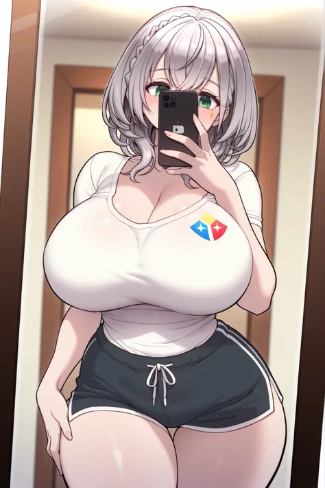 masterpiece, best quality, ultra-detailed, 1girl, shirogane noel, indoors, huge breasts, curvy female, solo, mirror, holding phone, reflection, black play button logo tattoo on hip, art by strongbana