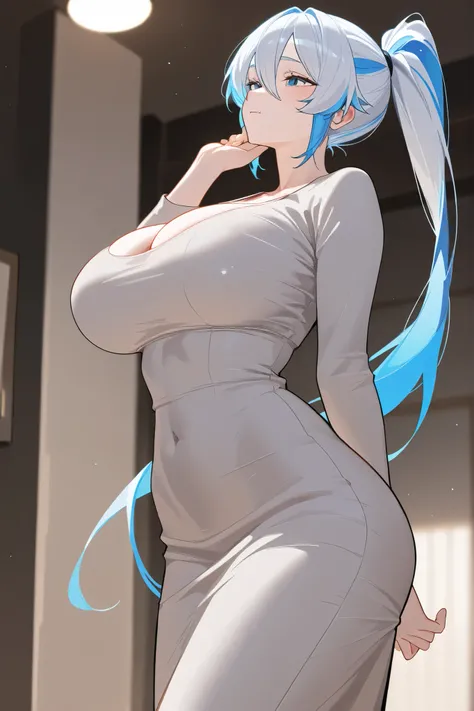 sexually_suggestion, sexually_aroused_expression,masterpiece, Best Quality, great quality,1girl, masterpiece,white and blue two colors hair, white eyebrows and eyelids, smooth skin, ((Dongtan dress, right side long ponytail)), Blue eyes, fullbody, big brea...