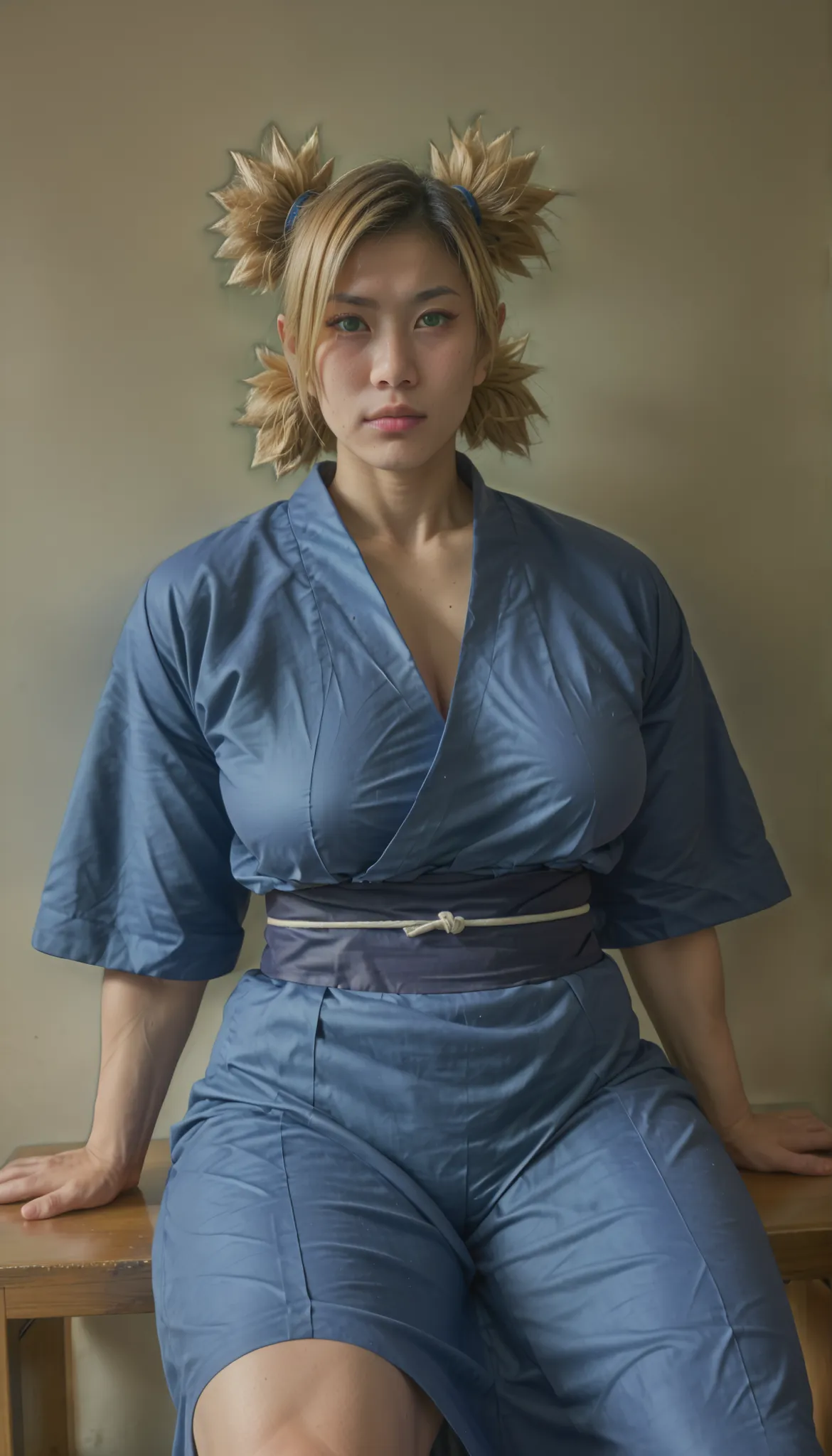 score_9, score_8_up, score_7_up, BREAK source_anime   temariSDXL, 1girl, solo, looking at viewer, blonde hair, four pigtails, closed mouth, blue green eyes, japanese clothes,blue kimono,  sash, cowboy shot, room background, sitting, big breasts, thick musc...