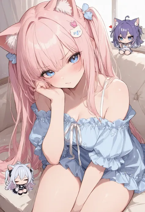 (masterpiece , top quality , exquisite,8k, Ridiculous),(748cmstyle),pastel,  age female ,One hand,Character Designs,Cool Face,Blue Eyes,cute,Angry Face,kind,blush、Cat ears、mini character、 Hair color、glitter glitter 、hearts、Off-the-shoulder clothing、summer、...