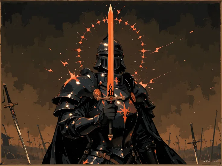  A dramatic , modern reinterpretation of an ancient duel between a knight in black armor and a knight in red armor. The background is a great army on a dark and chaotic battlefield, . The knights are in the midst of fierce combat, with their swords clashin...